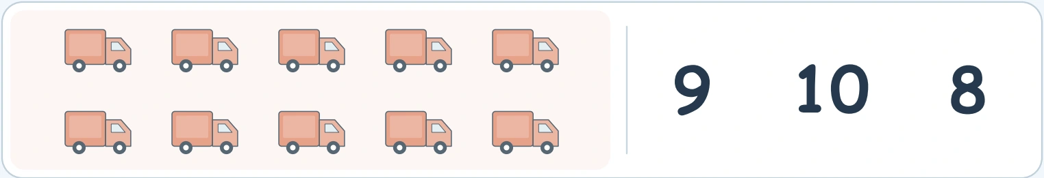 Ten orange trucks in two lines of five with options 9, 10 and 8