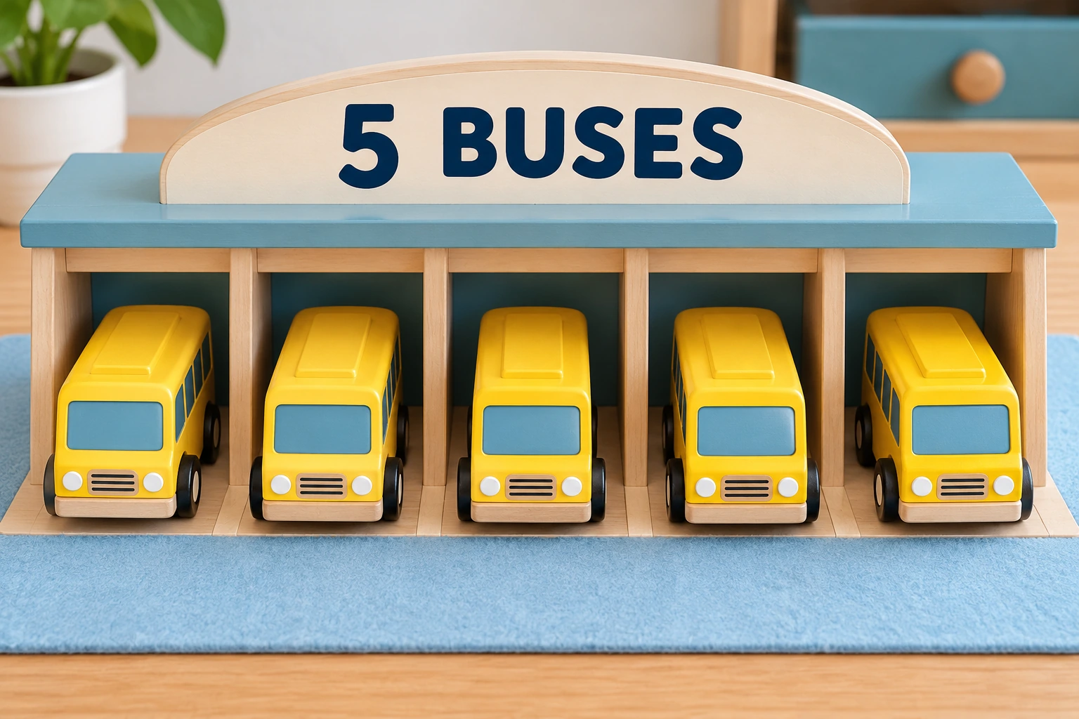 Five yellow toy buses in separate depot bays beneath a 5 BUSES board