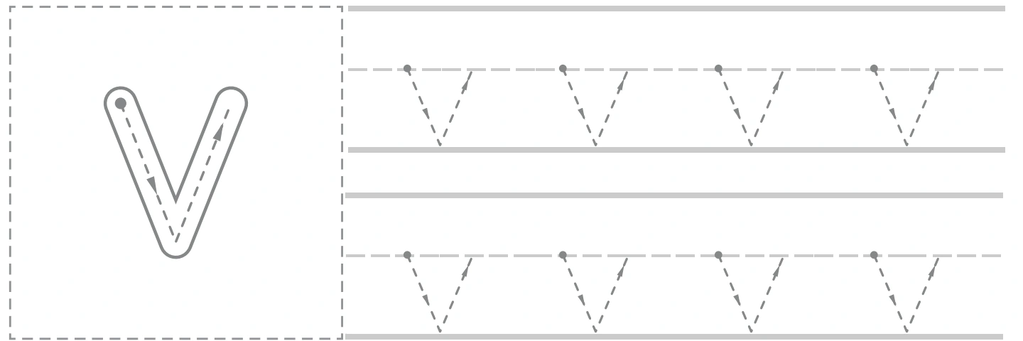 Lowercase v model beside two rows of dotted v tracing on the vase page