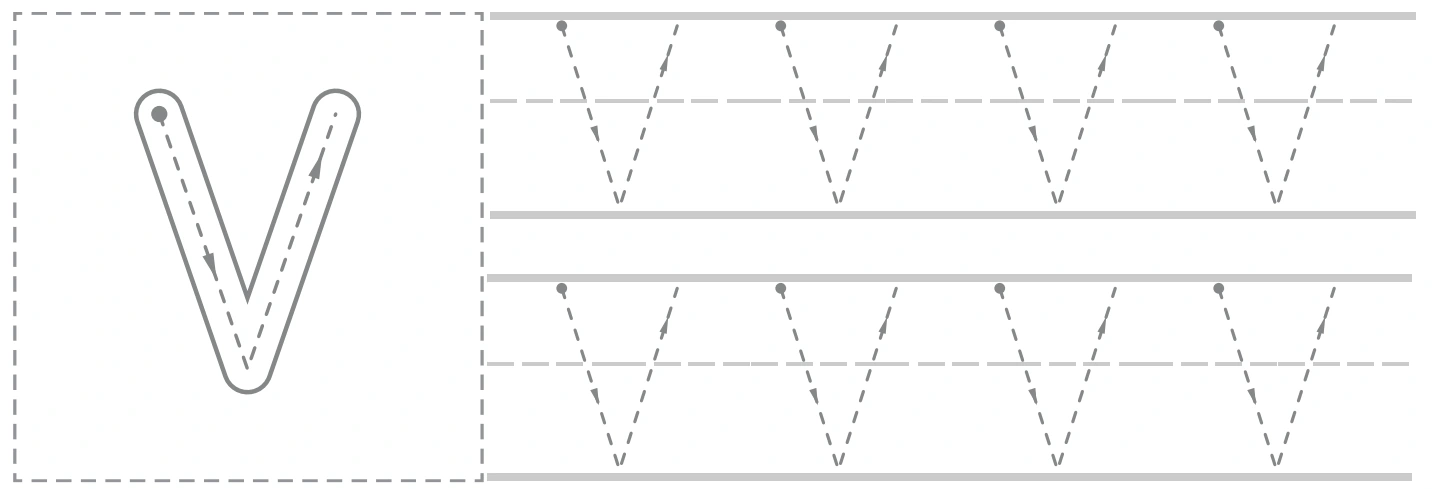 Vv uppercase panel with a large V guide and eight smaller capital tracing forms