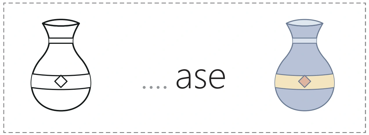 An outline vase, an unfinished vase word and its colored picture partner