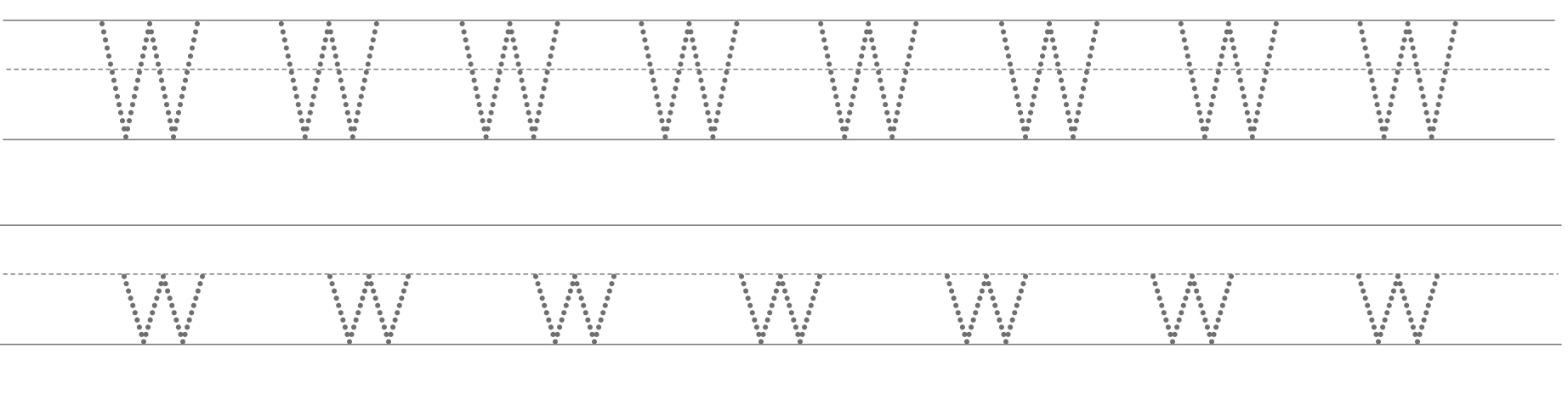 Both ruled rows preserve the two low points of W/w Two complete dotted W/w rows with eight taller and seven smaller four-slant guides