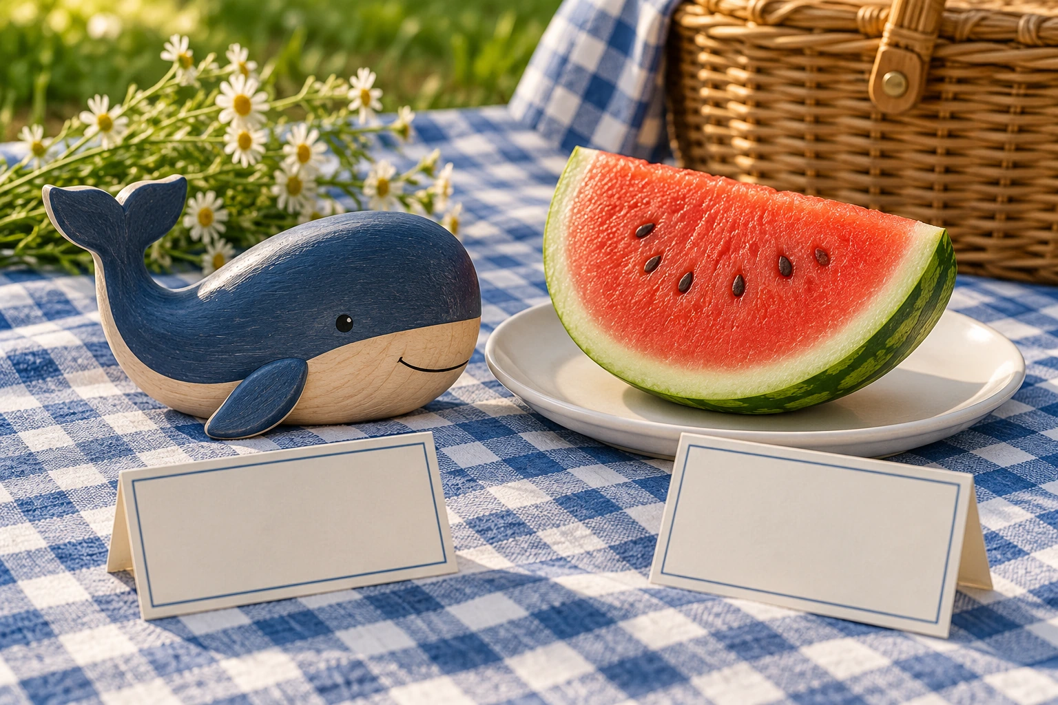 A toy whale and picnic fruit invite decisions about places and guests Wooden whale ornament beside a watermelon wedge and two blank picnic cards on checked cloth