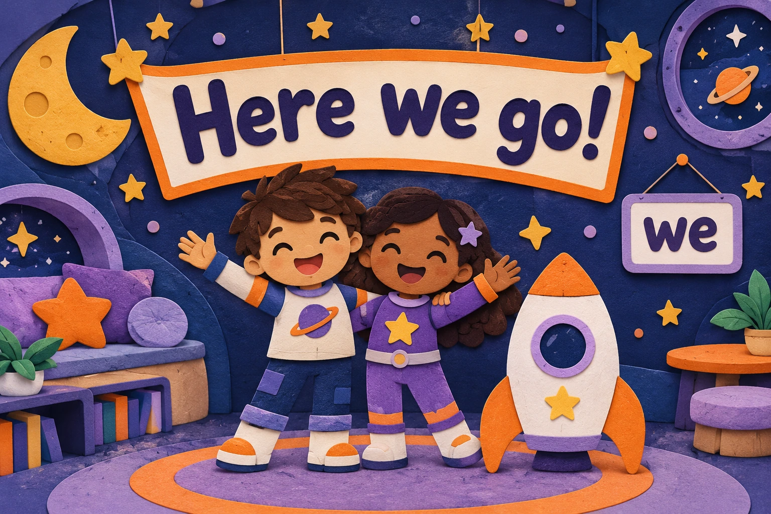 Two children making a rocket beside we card and Here we go strip