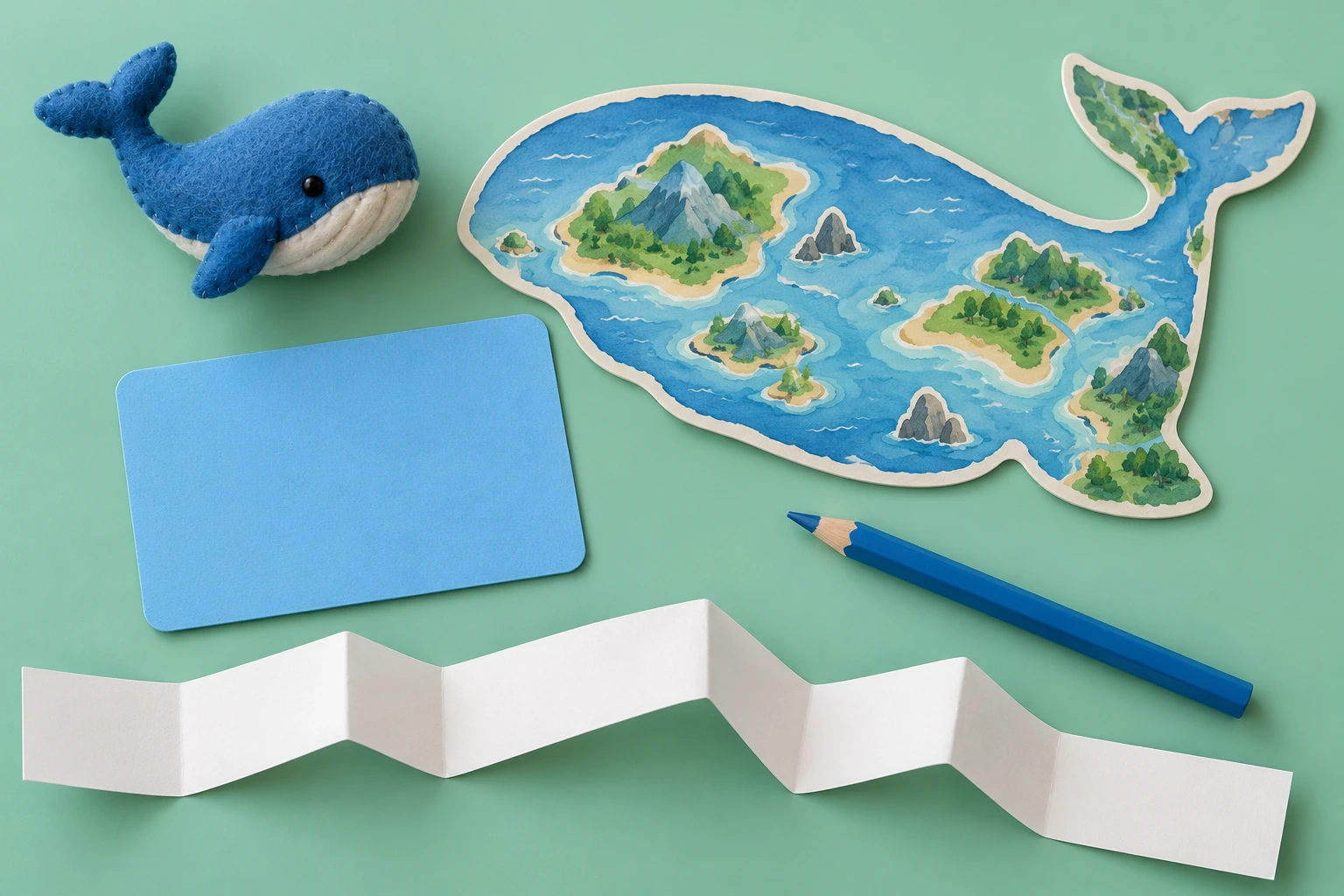 Handmade whale learning props with unprinted writing materials for a Ww story