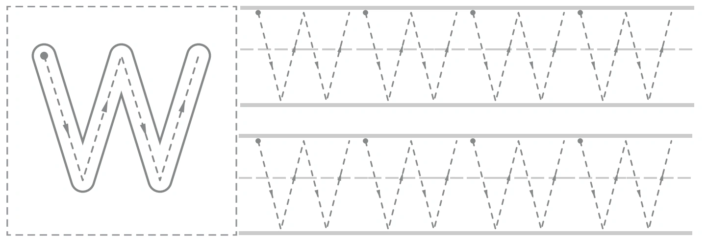Ww uppercase panel with a large W guide and eight smaller capital tracing forms