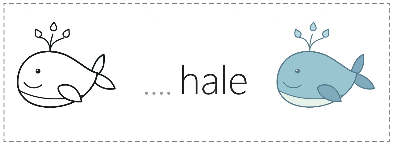 An outline whale, an unfinished whale word and its colored picture partner