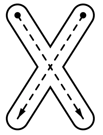 Capital X outline with two diagonal arrow routes extending through a central crossing