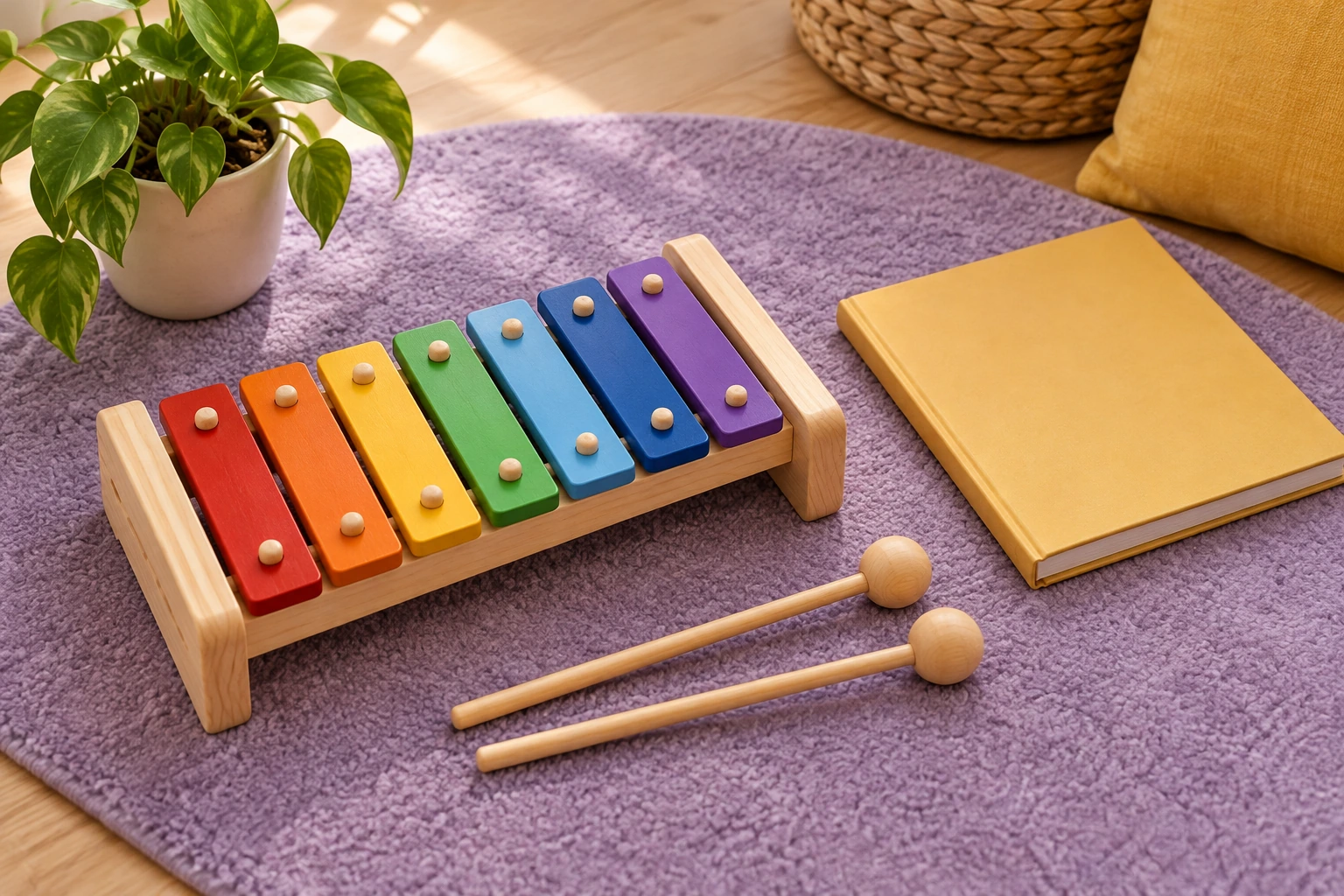Colorful wooden toy xylophone with parallel mallets, a closed book and plant on a violet mat