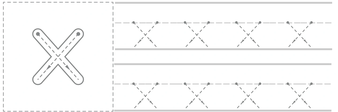 Lowercase x model beside two rows of dotted x tracing on the xylophone page