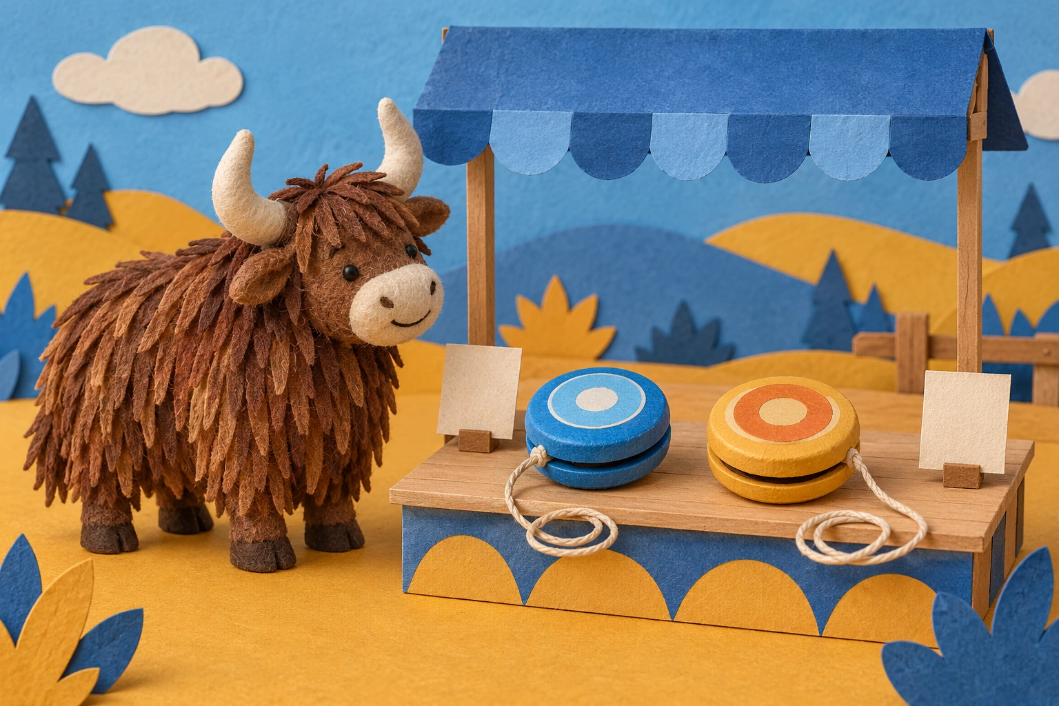 Shaggy toy yak beside two round yo-yos and blank cards at a blue-canopied miniature stall