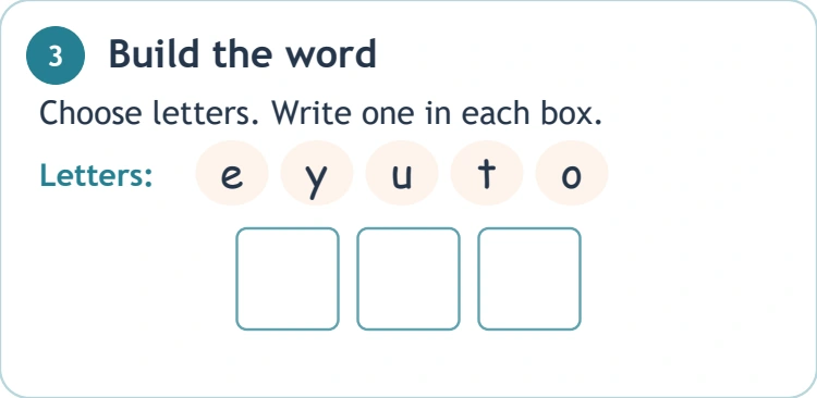 The written order must be y-o-u Letter bank e y u t o with three boxes below