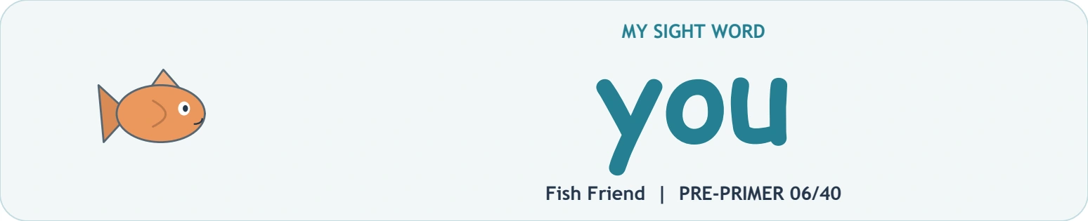 Three visible letters introduce a listener word Large yellow you model beside a smiling fish illustration