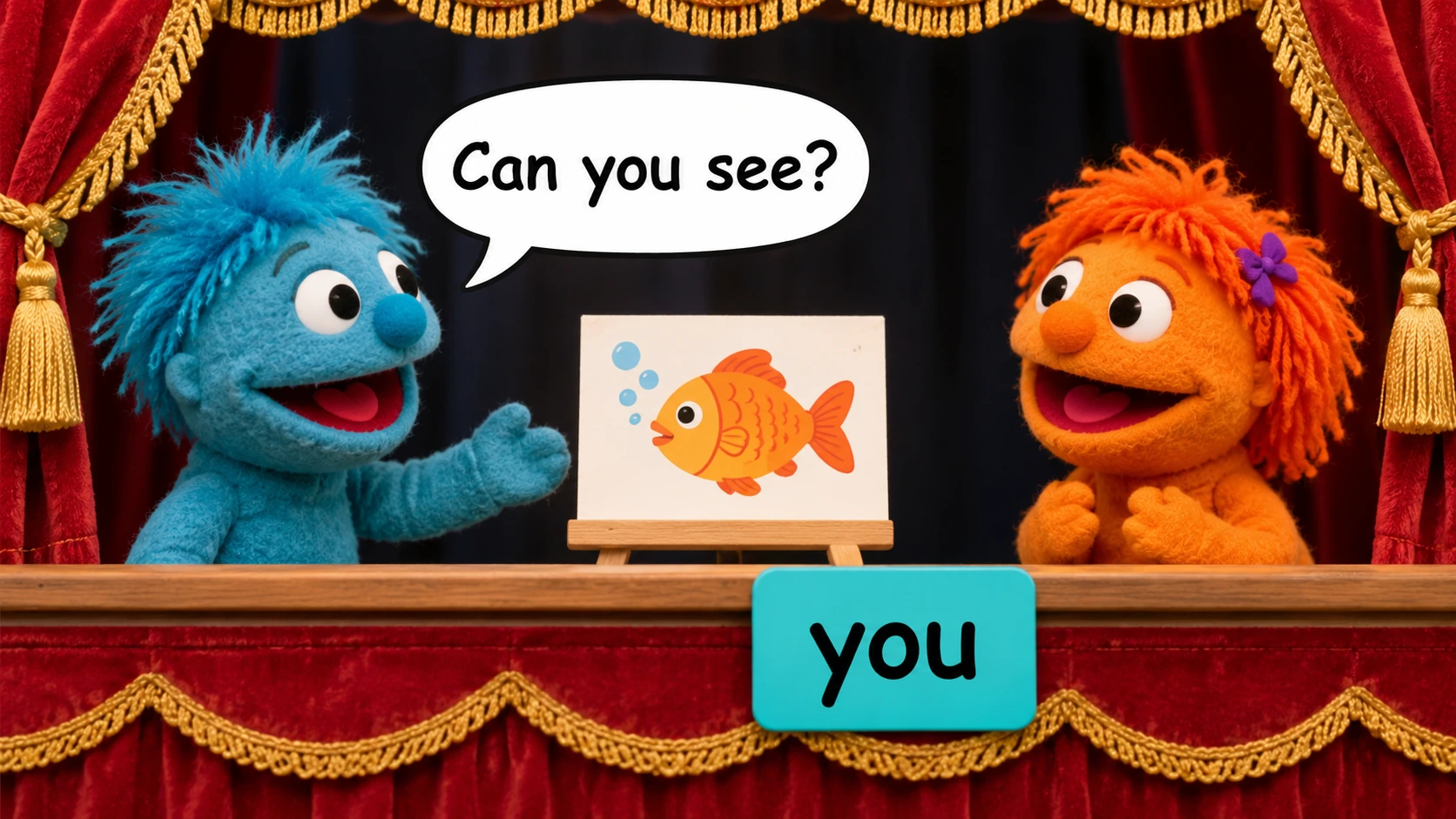 Puppet turns change who receives the question Two felt puppets with fish card you tile and Can you see question strip