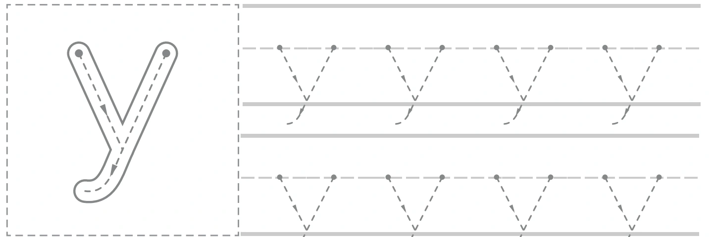 Lowercase y model beside two rows of dotted y tracing on the yo-yo page