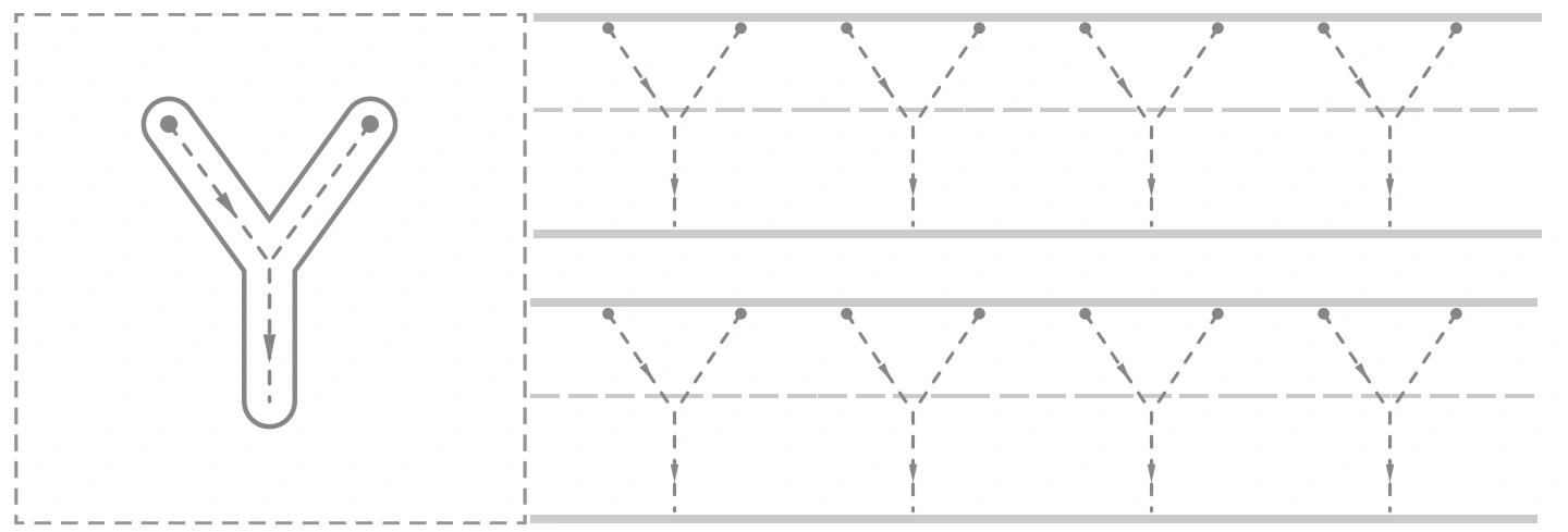 Yy uppercase panel with a large Y guide and eight smaller capital tracing forms