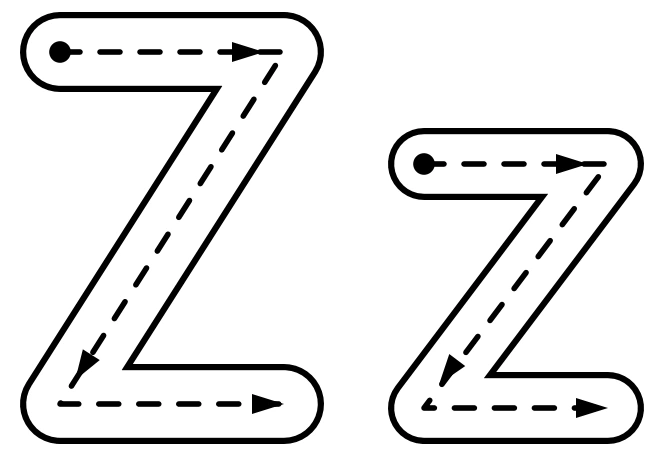 Compare the same three-part route at two letter heights Capital Z and lowercase z arrow models showing upper bar, descending diagonal and lower bar