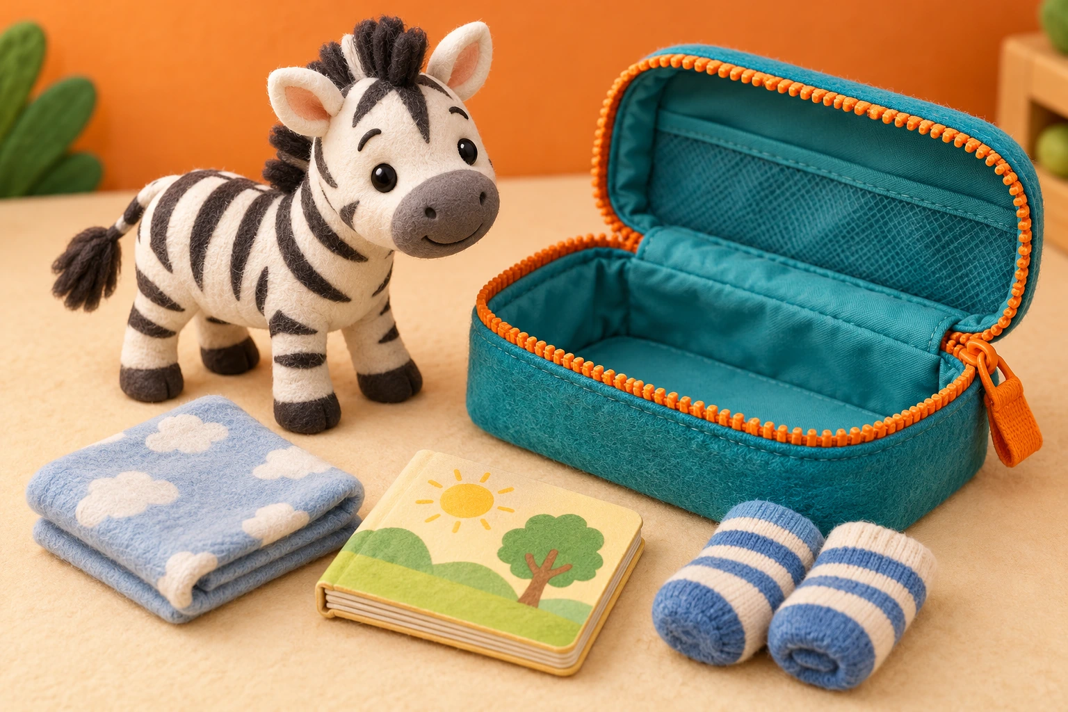 An imaginary zebra trip begins with a packing decision Striped zebra toy beside an open teal pouch with orange zipper, folded cloth, picture book and socks