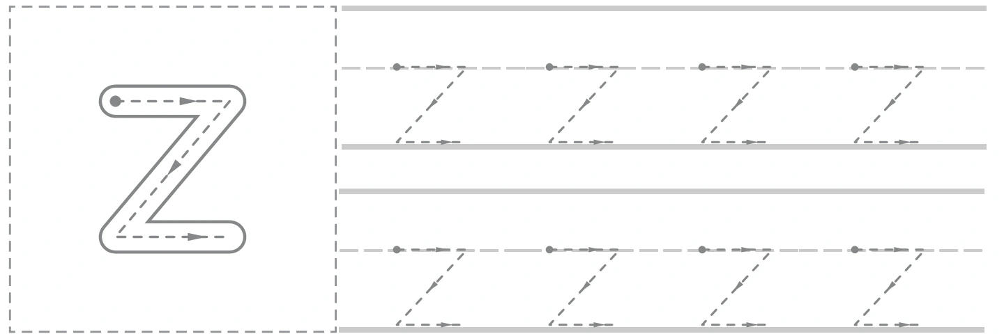 Lowercase z model beside two rows of dotted z tracing on the zebra page