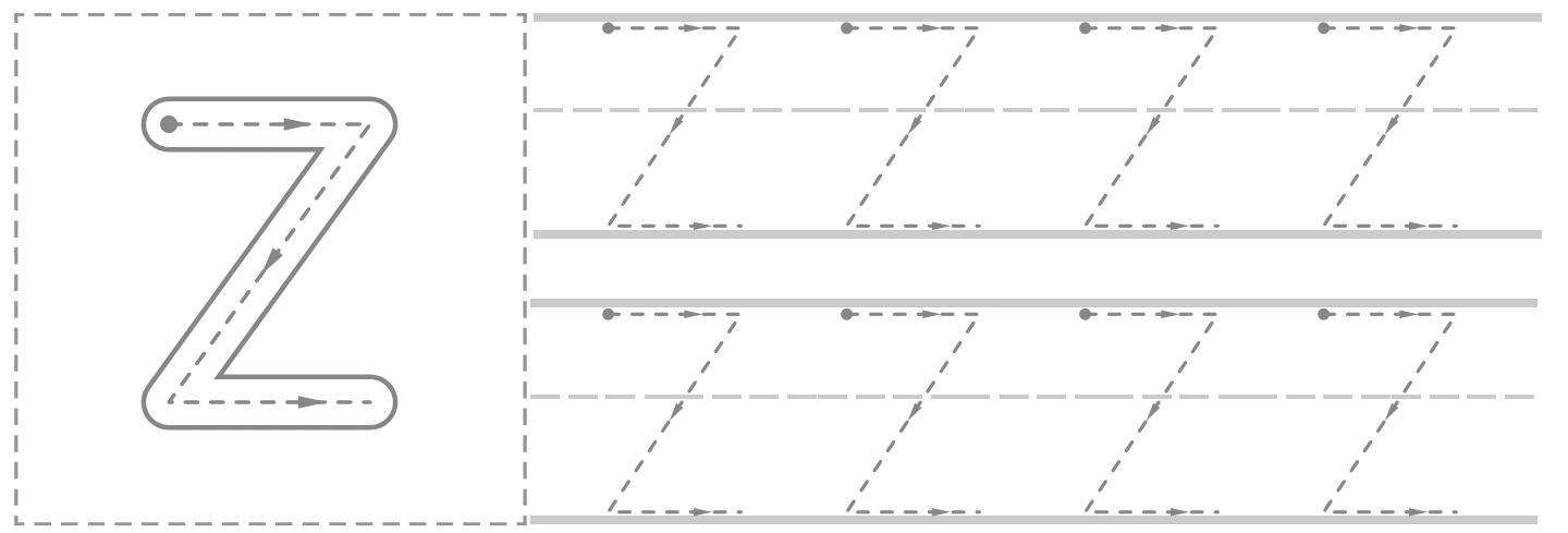 Zz uppercase panel with a large Z guide and eight smaller capital tracing forms