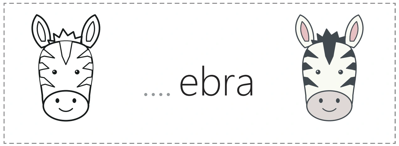 An outline zebra, an unfinished zebra word and its colored picture partner