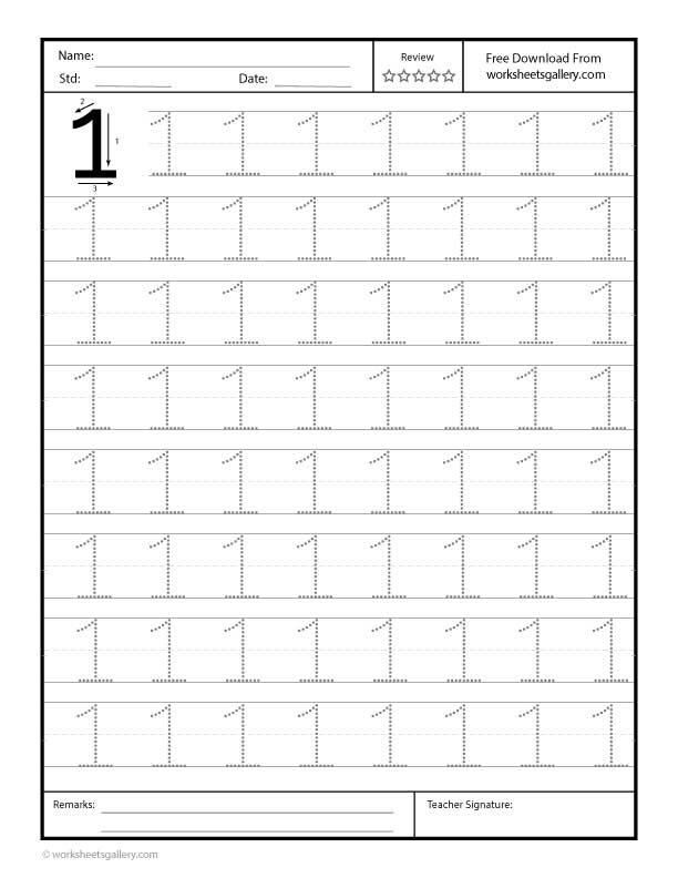 Number 1 Tracing Free Printable Worksheet for Preschool featuring traceable number "1" and fun practice exercises.