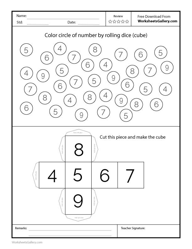 Interactive worksheet for preschoolers to color circles of numbers 4 to 9 by rolling a dice.