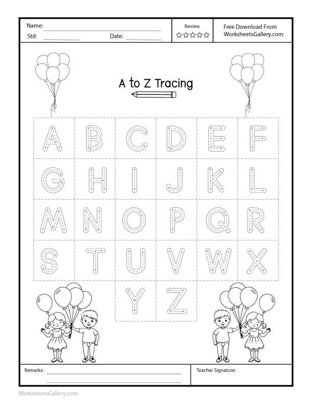 A simple uppercase letter tracing A to Z worksheet to provide letter recognition practice for letter writing for Early Years learners.