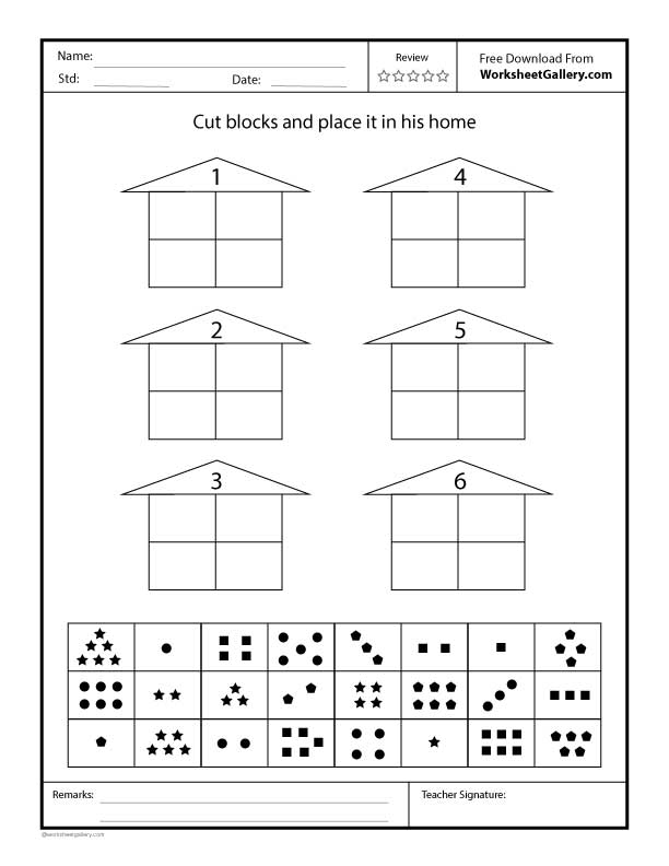 Preschool worksheet featuring a house with four blocks for placing numbers 1 to 6 in the correct spots.