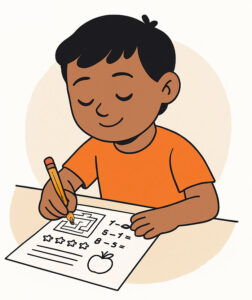  Child independently working on a worksheet, building focus and problem-solving skills.