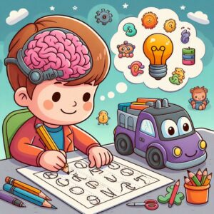Child tracing alphabets on a worksheet, supporting early brain development and fine motor skills.
