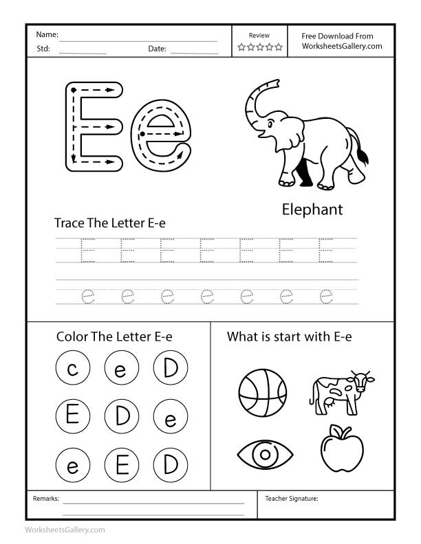 Alphabet E Tracing Free Worksheet (Printable PDF)