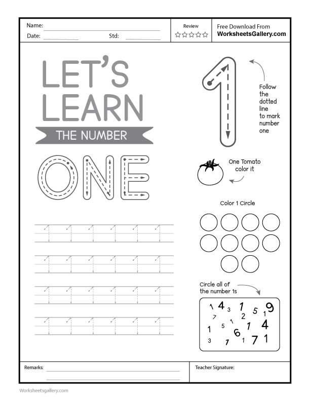 Number 1 Tracing and Recognition Worksheet for Preschool Kids