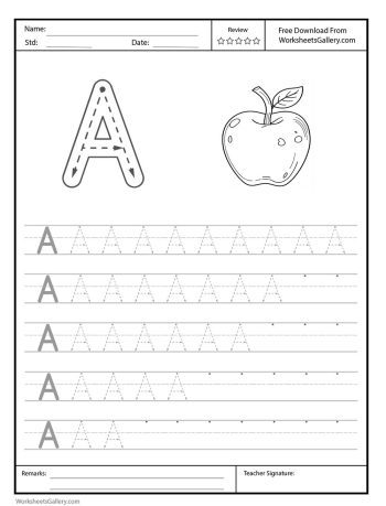 This free printable worksheet helps kids trace the capital letter 'A' while coloring a fun apple illustration.