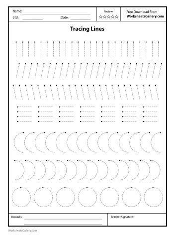 Free printable worksheet for tracing lines and curves, including straight, slanting, and circular patterns.