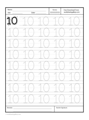 Free printable Number 10 tracing worksheet for preschoolers, featuring traceable number "10" and space for handwriting practice.