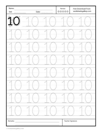 Number 10 Tracing Free Printable Worksheet for Preschool