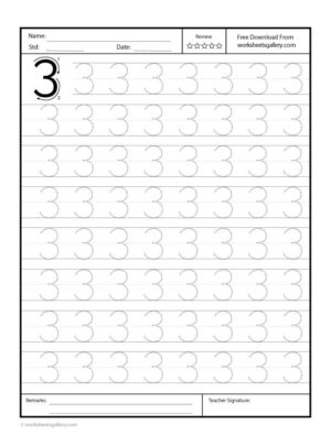 Number 3 Tracing Worksheet for Preschool featuring traceable number "3" and fun handwriting practice.