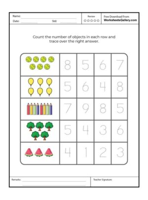 Number counting worksheet for kids with objects and multiple choice answers