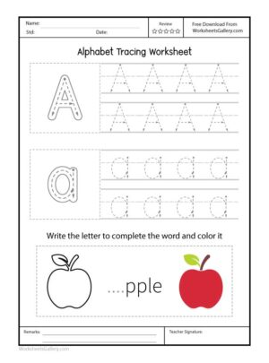Alphabet tracing worksheet for letter A with capital and small A and apple coloring activity