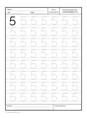 Number 5 Tracing Worksheet for Preschool featuring traceable number "5" and practice space for early learners.