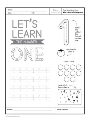 Child tracing number 1 worksheet with dotted lines and number recognition activities