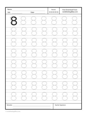 Free printable Number 8 tracing worksheet for preschoolers, featuring traceable number "8" and space for handwriting practice.