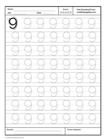 Number 9 Tracing Free Printable Worksheet for Preschool