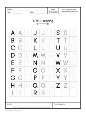 A single-page worksheet featuring A-Z uppercase letters, each repeated twice with tracing directions for preschool handwriting practice.