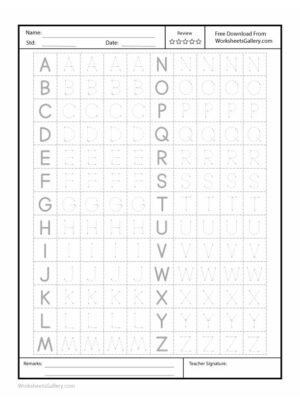 A tracing worksheet featuring A-Z uppercase letters with five tracing opportunities per letter for preschool handwriting practice.