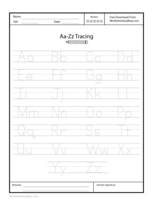 A single-page worksheet featuring A-Z capital and small letters with tracing guides for preschool handwriting practice.