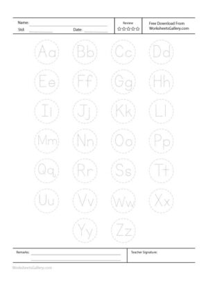 A worksheet featuring A-Z uppercase and lowercase letters inside circles with tracing guides for preschoolers.