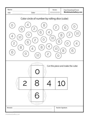 Interactive worksheet for preschoolers to color circles of even numbers by rolling a dice.