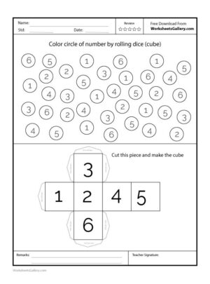 Fun worksheet for preschoolers to color circles of numbers 1 to 6 by rolling a dice.